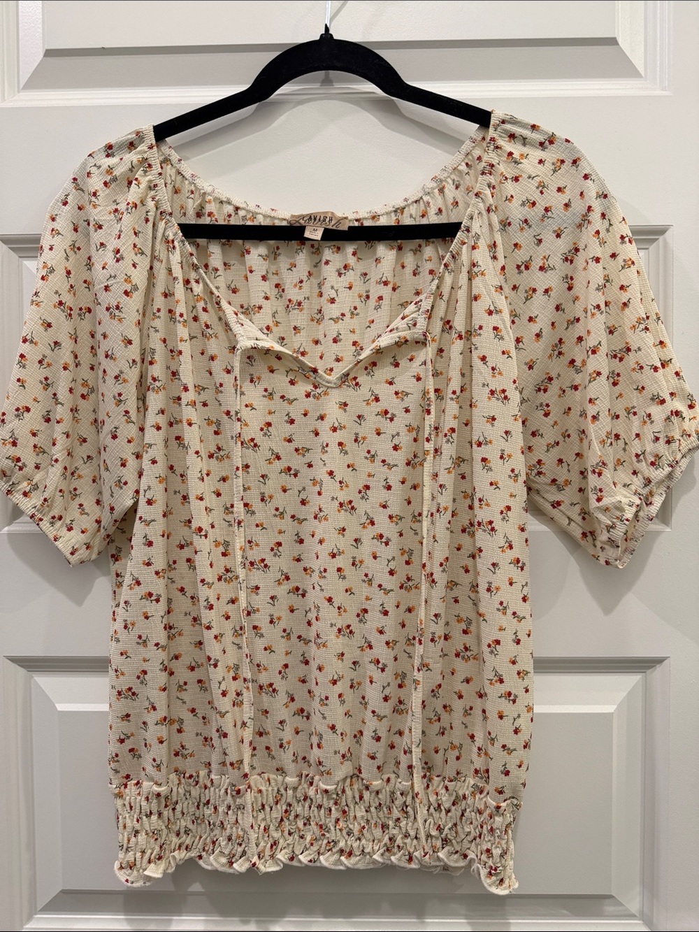 Lavish Cream Floral Peasant Blouse with Tie Neck